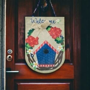 Welcome Sign Multicolored Birdhouse Door Hanging Sign Wall Tapestry Canvas Flag